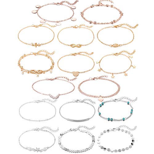 Softones 16Pcs Ankle Bracelets for Women Gold Silver Two Style Chain Beach Anklet Bracelet Jewelry Anklet Set,Adjustable Size - color: E:6-Gold 6-Silver 4-Rose Gold