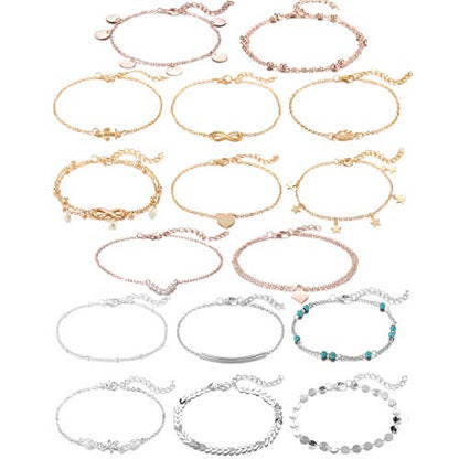 Softones 16Pcs Ankle Bracelets for Women Gold Silver Two Style Chain Beach Anklet Bracelet Jewelry Anklet Set,Adjustable Size - color: E:6-Gold 6-Silver 4-Rose Gold
