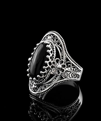 Filigranist 925 Sterling Silver Handcrafted Filigree Art Flower Pattern Woman Oval Statement Ring, Gift Boxed - color: Black Onyx