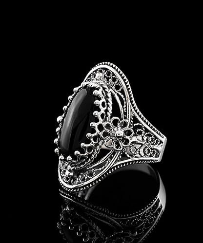 Filigranist 925 Sterling Silver Handcrafted Filigree Art Flower Pattern Woman Oval Statement Ring, Gift Boxed - color: Black Onyx