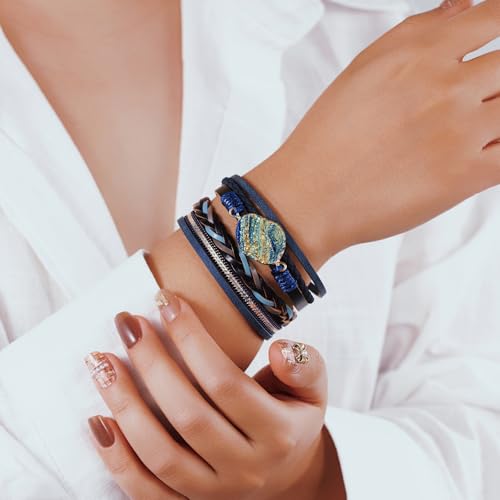 Boho Leather Wrap Bracelets Beaded Stackable Cuff Bracelet Country Concert Outfits Cowboy Cowgirl Western Jewelry Gifts for Women - color: Stone-Blue