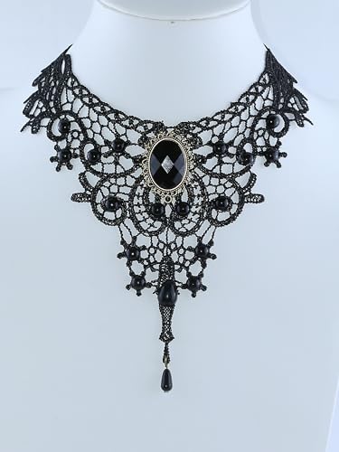 Gothic Victorian Style Vampire Choker Necklace for Women Black Crystal Tassel Lace Collar Necklace Halloween Punk Black Sexy Lace Necklace Halloween Cavewoman Costume - style: Long Teardrop Tassel