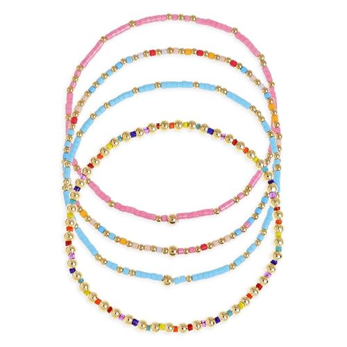 Colorful Seed Beaded Stack Bracelets Set for Women, 4Pcs Cute Dainty Boho Handmade Gold Beads Stackable Stretch Friendship Bracelet Prom Jewelry Gift.