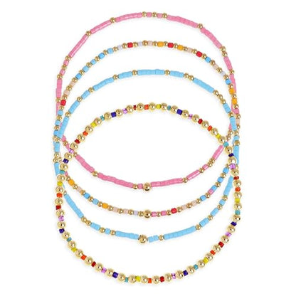 Colorful Seed Beaded Stack Bracelets Set for Women, 4Pcs Cute Dainty Boho Handmade Gold Beads Stackable Stretch Friendship Bracelet Prom Jewelry Gift.