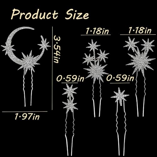 5 Pcs Celestial Crystal Bridal Hair Pins Set, Star & Moon Rhinestone Hair Accessories for Wedding, Goddess-Style Hair Pieces for Women(Silver) - color: Silver