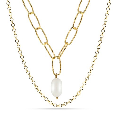 LeCalla Italian Sterling Silver Layered Necklace Handmade Multi Row Layering Necklaces for Women - color: Freshwater Pearl PaperClip Layered
