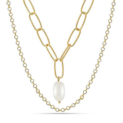 LeCalla Italian Sterling Silver Layered Necklace Handmade Multi Row Layering Necklaces for Women - color: Freshwater Pearl PaperClip Layered