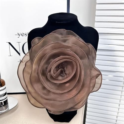 10inch Extra Large Flower Brooch Pin for Women Fashion Dainty Organza Satin Fabric Big Camellia Brooches Lapel Pins Wedding Dance Party Dress Accessories Exaggerated Jewelry Gift - color: 10 inch Brown