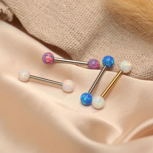 FUNLMO 1 Pair Nipple Piercing Jewelry Titanium Nipple Rings Internally Threaded Tongue Rings Bridge Piercing Jewelry Opal Nipple Barbells - color: Silver, White Opal Ball