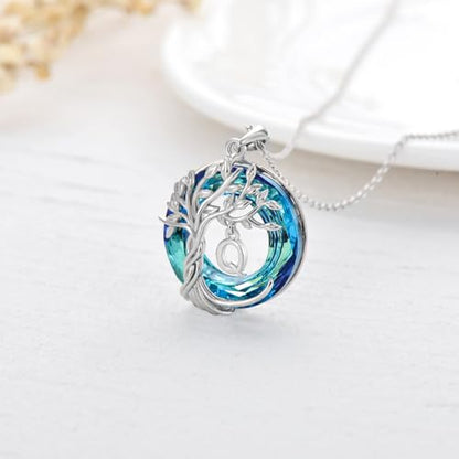 TOUPOP Gifts for Women Tree of Life Initial Necklace 925 Sterling Silver Letter Pendant with Blue Crystal Birthday Jewelry Gifts for Women Her Mom Wife Daughter - color: Tree of Life Q Initial