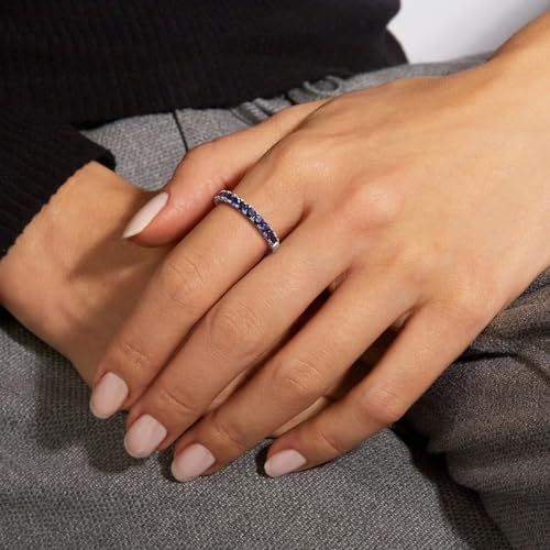 Bezel Set Birthstone Wedding Band 14K Gold Sterling Silver Stackable Half Eternity Band Rings 2.5mm Wide Ruby/Amethyst/Sapphire/Emerald Green/Aquamarine Ring for Women, Send Gift Box - style: 09-Created Sapphire