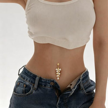 G&O JFU 9 Pcs Belly Button Ring Dangle Hypoallergenic Surgical Stainless Steel Heart Flower Pearl Bow Dangly Belly Rings for Women 14G Clicker Floating Navel Piercing Jewelry - color: Gold Clear