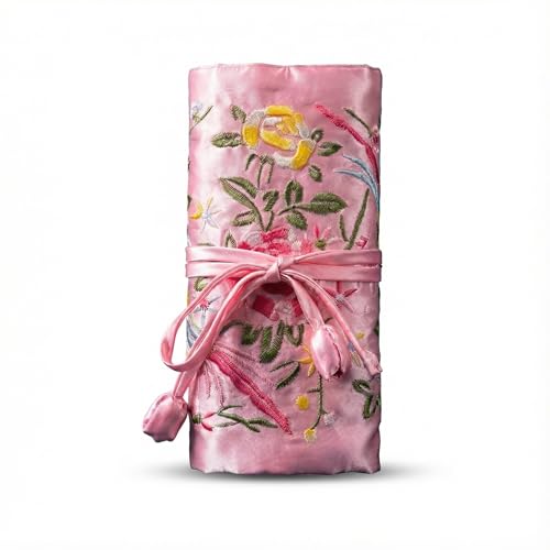 Travel Jewelry Bag Roll Embroidered Flower Bird Brocade Pink Organizer Pouch Case for Traveling Necklace Holder Rolls Tie Close Storage Accessories