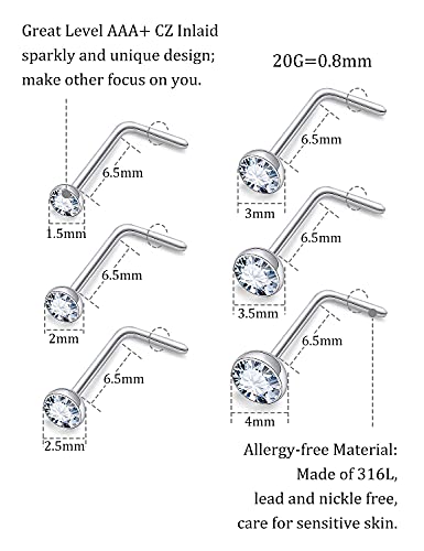 18G 20G 22G 24G Nose Rings Studs 316L Surgical Steel L Shaped Nose Nostril Studs Piercing Jewelry for Women Men Silver Gold Black CZ 1.5mm 2mm 2.5mm 3mm 3.5mm 4mm - style: Silver-20G(0.8mm)-7mm Bars-1.5mm 2mm 2.5mm 3mm 3.5mm 4mm CZ