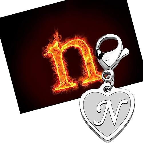 FAADBUK Initial Letter A-Z Alphabet Heart Charms for Jewelry Bracelet Keychain Necklace Initial Stainless steel Clasp Clip on Charm - color: intial N