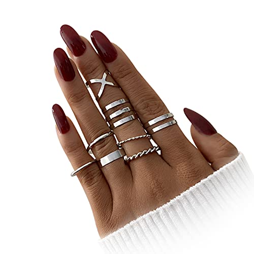 Silver Rings for Women Non Tarnish Stainless Steel Rings Set Dainty Gold Band Ring Stack Simple Stackable Thumb Pinky Ring for Multiple Size - color: SILVER-8PCS