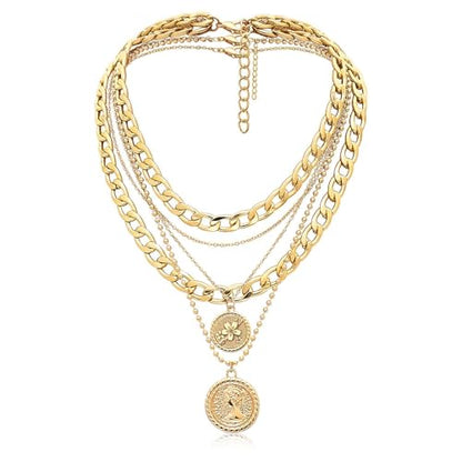 MJartoria Gold Layered Necklaces for Women Trendy Retro Birthflower Coin Pendant Necklace Dainty Chunky Chain Choker Necklaces for Jewelry Birthday Gifts - color: Golden, style: March Birthflower-Sakura