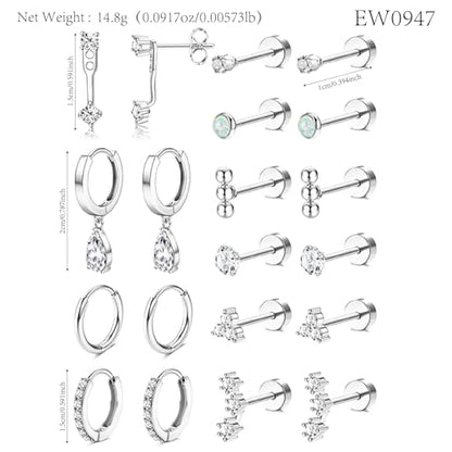 Stainless Steel Stud Earrings Set for Women Hypoallergenic Flat Back Cartilage Earrings Screw Back Huggie Hoop Earrings Multiple Piercing Cubic Zirconia Helix Tragus Jewelry - color: Set-F-Silver
