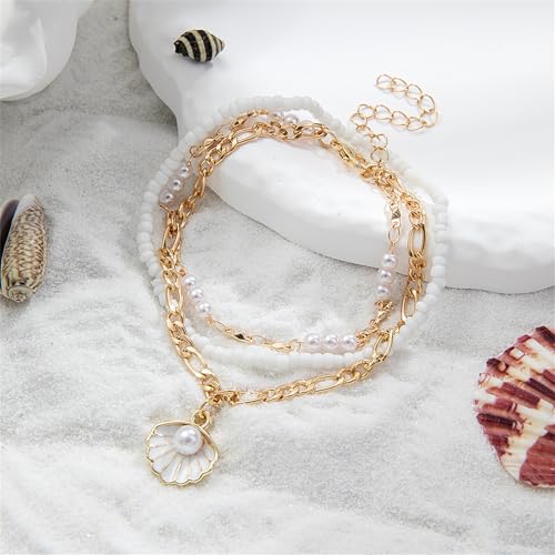 Shell Ankle Bracelet Set for Women,Boho Adjustable Beads Anklet Pack Natural White Shells Stack Stretch Seashell Pearl Starfish Bracelet Set Hawaiian Beach Vacation Foot Jewelry - style: G-Pearl Shell