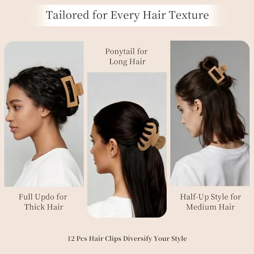 Small Medium Claw Clips for Women, 3 Styles Hair Clips for Thick and Thin Hair, Non-slip Strong Hold, 12 Pcs (Kahki) - color: Kahki