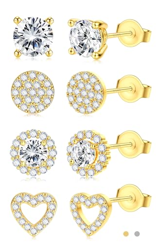 SAILIMUE Hypoallergenic Sterling Silver Stud Earrings for Women Men | Brilliant Heart Knot Round Cubic Zirconia Earring Studs for Sensitive Ears Gold Silver Tone - color: gold-D