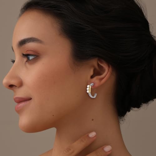 Two Tone Hoop Earrings with Pearl for Women | Gold Plated Pearl Hoop Earrings for Women | Silver Twisted C Hoops Earring | 14K Yellow Gold & Silver Beaded Hoop Earring Jewelry