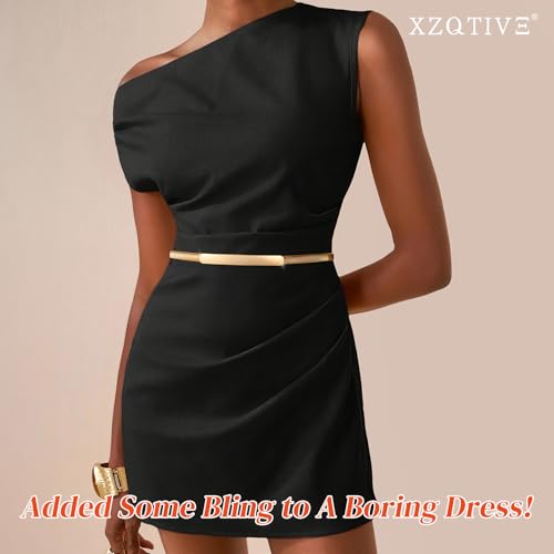 XZQTIVE 2 Pieces Women Skinny Metal Chain Waist Belt Stretchy Saree Cinch Belt for Dress Gold Sliver - color: 01 Smooth-gold, size: Fit waist 30-33 in