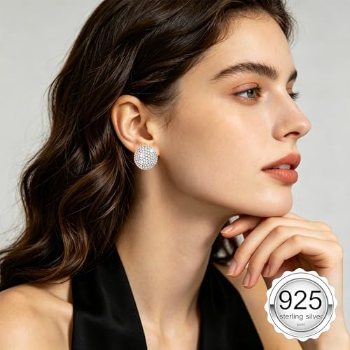 18K Gold Plated Chunky Square & Round Cubic Zirconia Stud Earrings for Women, Hypoallergenic 925 Silver Post Simulated Diamond Wedding Prom Party Bridesmaid Daily Fine Jewelry Gift for Mom Wife Friend - color: EA355-Round-Silver