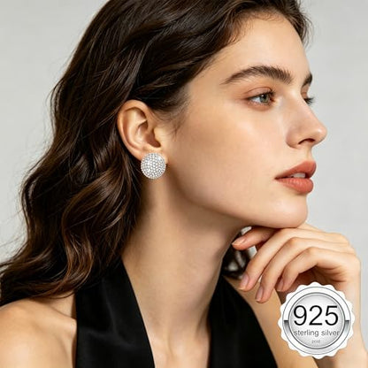 18K Gold Plated Chunky Square & Round Cubic Zirconia Stud Earrings for Women, Hypoallergenic 925 Silver Post Simulated Diamond Wedding Prom Party Bridesmaid Daily Fine Jewelry Gift for Mom Wife Friend - color: EA355-Round-Silver