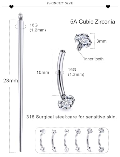 16G Eyebrow Ring Piercing Jewelry Surgical Steel Internal Thread CZ Heart Star Vertical Labret Lip Ring Rook Daith Earrings Belly Button Ring Piercing Jewelry for Women Silver Black Gold - color: Silver, size: 16G, 10mm Length, 3mm CZ