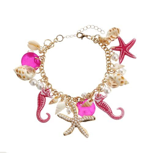 RUOFFETA Shell Starfish Necklace Bracelet Conch Statement Chunky Necklace Mermaid Costume Jewelry Beach Jewelry for Women - style: Bracelet Hot Pink