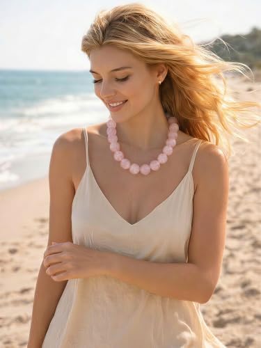 Chunky Beaded Necklaces for Women Statement Necklace | Bold Chunky Choker, Large Resin Beads, Adjustable Necklace, Boho Trendy Summer Beach Holiday Jewelry - color: Pink-03