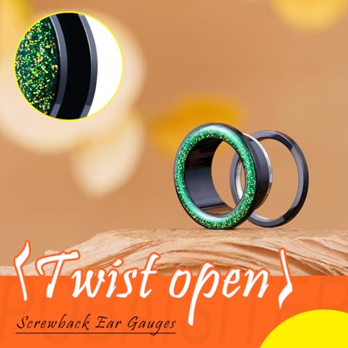 4PCS Shiny Glitter Resin Gauges Stainless Steel Ear Tunnels and Plugs Light blue Green Pink and Dark brown Glitter Colorful Ear Gagues Screw Fit Expander Stretcher Piercings - color: ZS8019H, size: 10mm(00g)