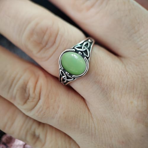 Viking Celt Knot Oval Natural Stone Ring,Retro S925 Sterling Silver Quartz Gemstone Ring,Punk Gothic Crystal Ring for Women - color: A05_Dongling Jade