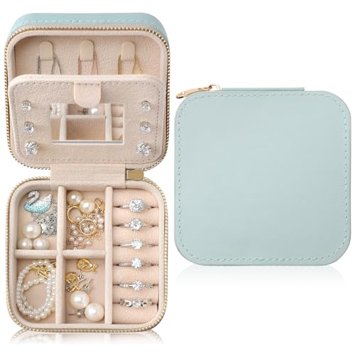 Genuine Leather Travel Jewelry Organizer Case with Mirror for Women, Small Mini Portable Jewelry Box for Earring, Ring, Necklace, Bracelet（Baby Blue） - color: Nappa Leather Baby Blue