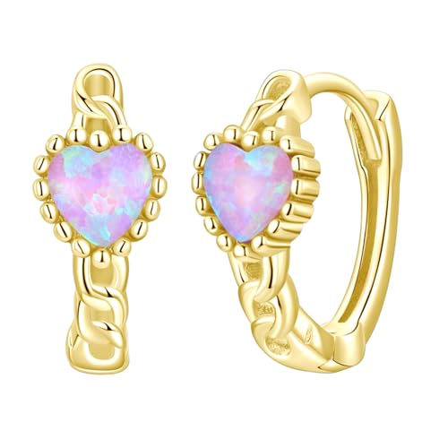 BISAER 14K Gold Plated Heart Opal Huggie Hoop Earrings for Women Trendy | Dainty Twisted Rope Round Small Hoop Earrings, Original Design Y2K Cute Jewelry Gift, Lightweight Comfortable & All Day Wear - color: Gold