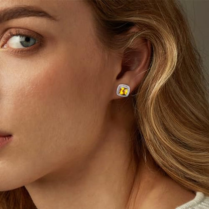 Dainty Birthstone Earrings for Women Sterling Silver Small Stud Earrings with Halo Cushion/Round Created Gemstone Earrings Birthstone Jewelry - style: A 11. Nov./created citrine-cushion cut