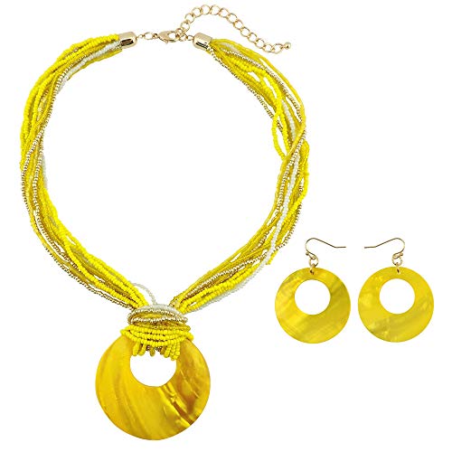 Coiris Multi Strand Statement Colorful Beaded Necklace with Big Circle Shell Pendant for Women - color: Yellow