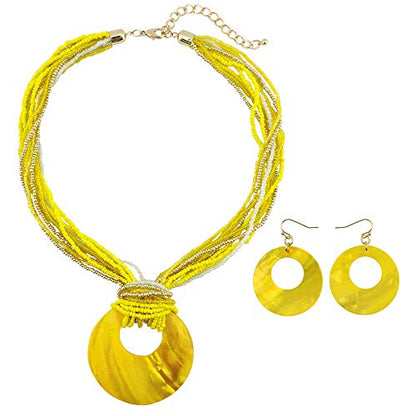 Coiris Multi Strand Statement Colorful Beaded Necklace with Big Circle Shell Pendant for Women - color: Yellow