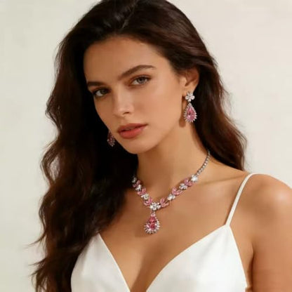 OIDIMS Elegant Teardrop Flower Leaf Wedding Bridal Jewelry Set for Women Ladies Cubic Zirconia Pendant Choker Necklace Drop Dangle Earring Fashion Evening Party Formal Costume Accessories Jewelry - color: Pink