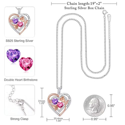 Iefil Heart Birthstone Necklace for Women - Double Birthstone Jewelry | 925 Sterling Silver, Gift Box Packaging, Anniversary Birthday Gifts for Women Wife Mom - color: 02-10-Feb-Oct Birthstone