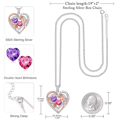 Iefil Heart Birthstone Necklace for Women - Double Birthstone Jewelry | 925 Sterling Silver, Gift Box Packaging, Anniversary Birthday Gifts for Women Wife Mom - color: 02-10-Feb-Oct Birthstone
