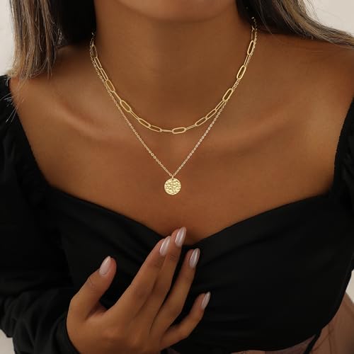 Layered Necklaces for Women 14K Gold Plated Stack Circle Pendant Trendy Long Chain Stackable Handmade Coin Necklace Set Dainty Gold Stacked Jewelry Gifts - color: Gold-3