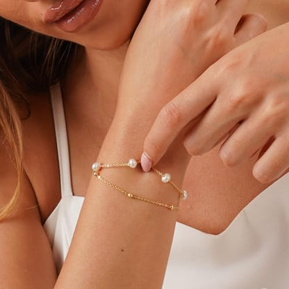 NECOCY 14K Gold Plated Pearl Bracelets for Women, Dainty Bracelets Stack Trendy Pearls Beaded Link Chain Charm Bracelets Set Layered Tiny Wedding Prom Jewelry Gift for Women Mother's Day Graduation - style: Style-1