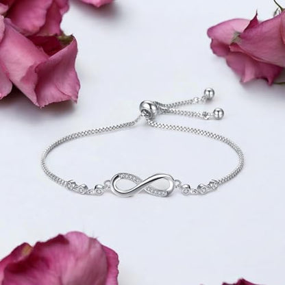 Nilu's Collection Infinity Shape Cubic Zirconia Diamond Bracelet for Women, Jewelry for Gift, Adjustable Charm Bracelet (Rose Gold Necklace + Bracelet) - color: Silver