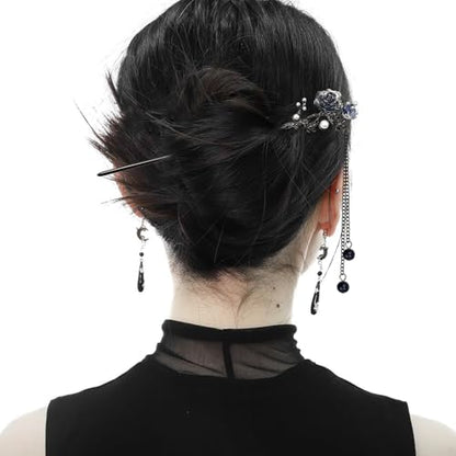 6PCS Chinese Hair Sticks Set, Black Japanese Hair Stick with Pearl Flower Butterfly Design Metal Hair Chopsticks Hair Bun Updo Holders Long Thick Hair Accessories for Women - color: 6pcs Black