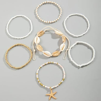 Bohemian Stackable Shell Beaded Ankle Bracelets for Women Colorful Boho Multi-Layer Seashell Gold Starfish Adjustable Handmade Braid Bracelet Summer Beach Holiday Accessories Gifts - color: White