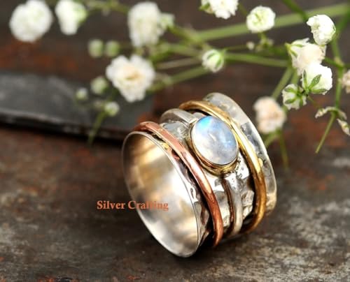 925 Sterling Silver Spinner Moonstone Ring for Women with Three Tone Fidget Rings Hammered Band Anxiety Free Meditation Ring Best Gift