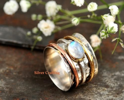 925 Sterling Silver Spinner Moonstone Ring for Women with Three Tone Fidget Rings Hammered Band Anxiety Free Meditation Ring Best Gift