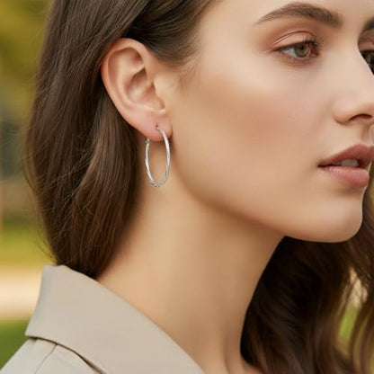14K Gold/Silver Plated Twisted Hoop Earrings for Women - Sparkly Diamond-Cut Large Hoops with 925 Sterling Silver Post, Lightweight Hypoallergenic Trendy Jewelry Gifts (30mm / 40mm) - size: Silver 40mm